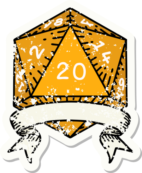 Bir insan tarafından çekilen 20 kritik vuruşluk D20 zar atımının grunge çıkartması.