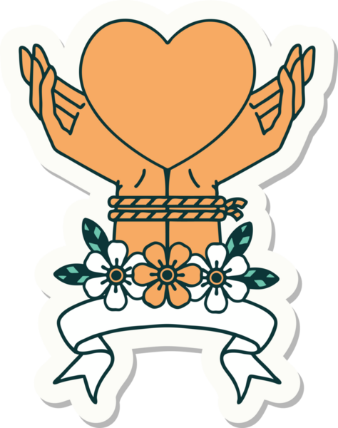 Dövme stili çıkartma. Elleri bağlı ve kalbi bir insan tarafından çizilmiş.