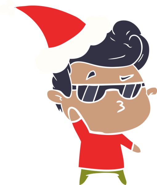 Bir insan tarafından çizilmiş Noel Baba şapkası giyen havalı bir adamın düz renkli çizimi.