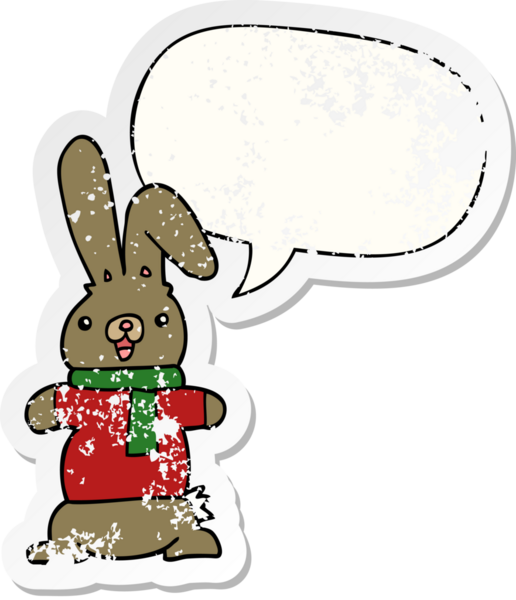 Konuşma baloncuğu olan çizgi film tavşanı bir insan tarafından çizilmiş sıkıntılı eski bir çıkartma