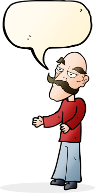 Bir insan tarafından çizilmiş, bıyıklı yaşlı bir çizgi film karakteri.