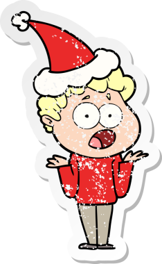 Bir insan tarafından çizilmiş Noel Baba şapkası giymiş, şaşırmış bir adamın el çizimi karikatürü.