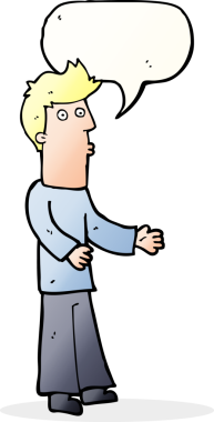 Bir insan tarafından çizilen konuşma baloncuğuyla açıklama yapan çizgi film adamı.