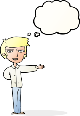 Bir insan tarafından çizilmiş düşünce baloncuğuyla el kol hareketi yapan bir karikatürist.