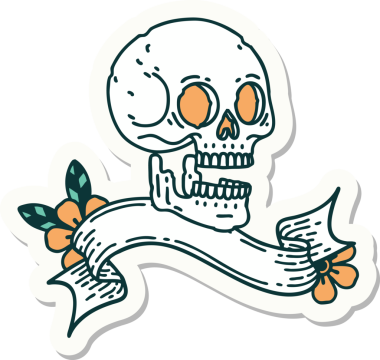 Bir insan tarafından çizilmiş kafatasının pankartıyla dövme stili etiketi