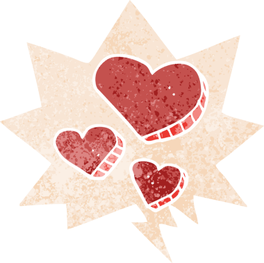 karikatür aşk kalpleri, konuşma baloncuğu ile grunge sıkıntılı retro stil bir insan tarafından çizilmiş