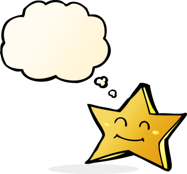 Bir insan tarafından çizilmiş düşünce baloncuklu mutlu yıldız karakteri.