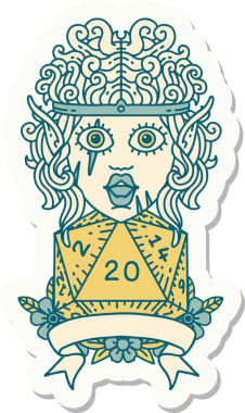 Bir insan tarafından çizilmiş 20 zarlı elf barbar karakterinin çıkartması.