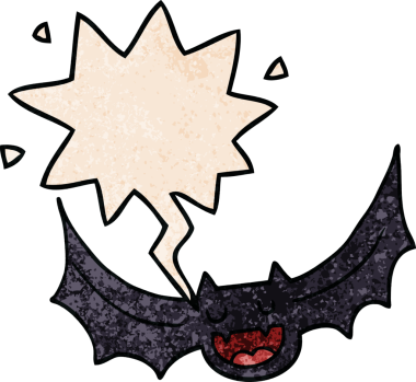 Konuşma baloncuğu olan karikatür yarasası insan tarafından çizilmiş.