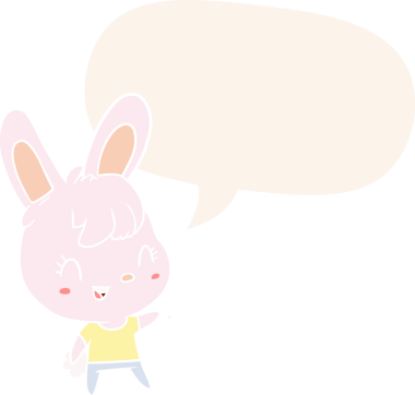 Konuşma baloncuğu olan sevimli çizgi film tavşanı insan tarafından çizilmiş.