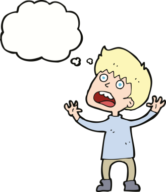 Çizgi film, bir insan tarafından çizilmiş düşünce balonu olan stresli bir çocuk.