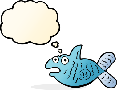 Bir insan tarafından çizilmiş düşünce baloncuklu çizgi film balığı.