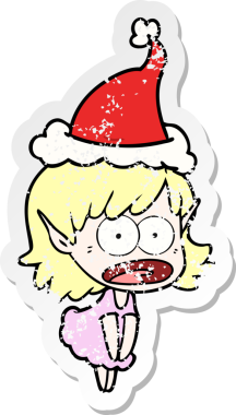 Bir insan tarafından çizilmiş Noel Baba şapkası giymiş şok olmuş bir elf kızının el yazısı.