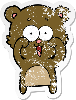 Bir insan tarafından çizilmiş gülen oyuncak ayının sıkıntılı çıkartması.