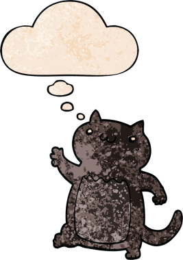 Bir insan tarafından çizilmiş grunge desenli düşünce baloncuklu çizgi film kedisi.