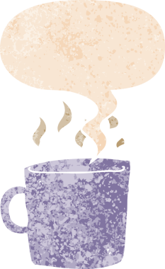 Bir insan tarafından çizilmiş, grunge 'de konuşma baloncuğu olan sıcak bir fincan çizgi film kahvesi.