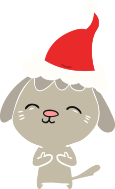 Bir insan tarafından çizilmiş Noel Baba şapkası takan bir köpeğin düz renkli çizimi.