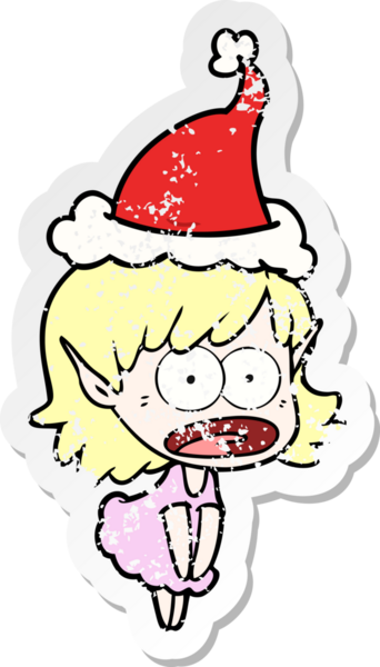 Bir insan tarafından çizilmiş Noel Baba şapkası giymiş şok olmuş bir elf kızının el yazısı.