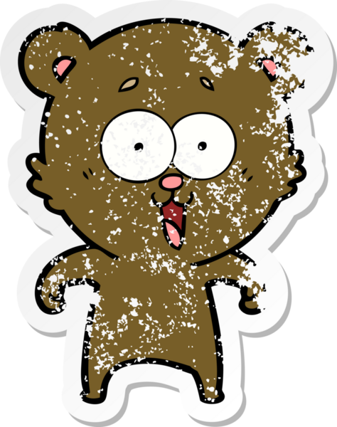 Bir insan tarafından çizilmiş gülen oyuncak ayının sıkıntılı çıkartması.