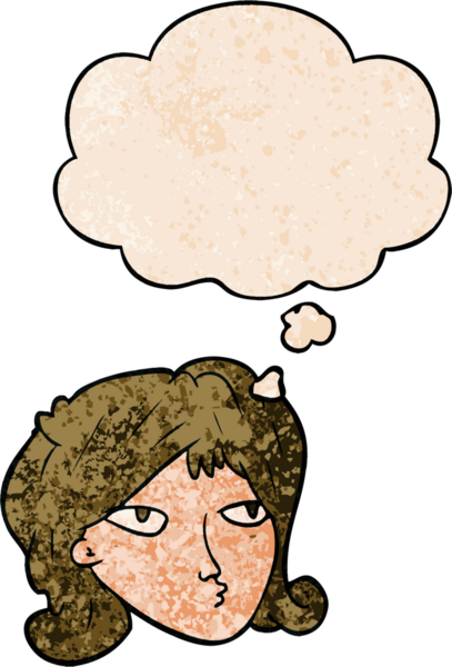 Bir insan tarafından çizilmiş grunge desenli düşünce baloncuğu olan çizgi film kadını.