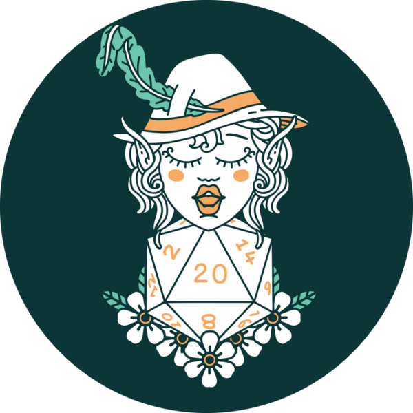 Bir insan tarafından çizilmiş 20 zarlı elf ozan karakteri simgesi.