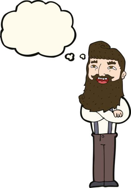 Bir insan tarafından çizilmiş düşünce balonlu sakallı mutlu adam çizgi filmi.