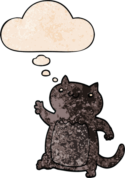 Bir insan tarafından çizilmiş grunge desenli düşünce baloncuklu çizgi film kedisi.