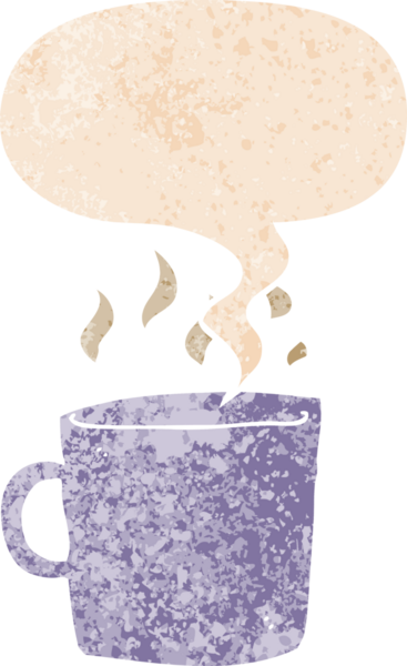 Bir insan tarafından çizilmiş, grunge 'de konuşma baloncuğu olan sıcak bir fincan çizgi film kahvesi.