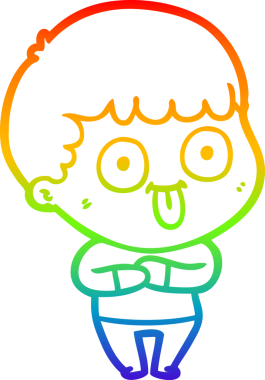 rainbow gradient line drawing of a cartoon dumb kid drawn by a human