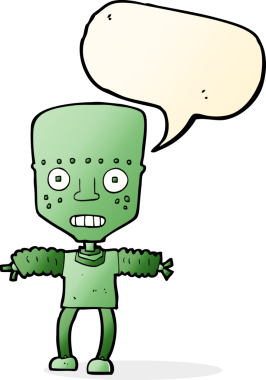 Bir insan tarafından çizilmiş konuşma balonu olan çizgi film robotu.