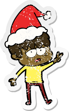 Bir insan tarafından çizilmiş Noel Baba şapkası giymiş yorgun bir çocuğun el çizimi karikatürü.