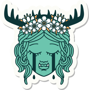 Bir insan tarafından çizilmiş üzgün, yarı ork bir Druid karakterinin çıkartması.