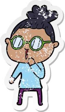 Bir insan tarafından çizilmiş gözlük takan karikatürlü bir kadının sıkıntılı çıkartması.