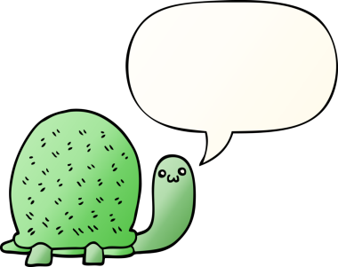 Tatlı çizgi film kaplumbağası, konuşma baloncuğu ve bir insan tarafından çizilmiş yumuşak bir gradyan tarzı var.