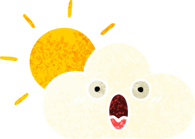 Bir insan tarafından çizilmiş güneş ışığı ve bulutun retro çizim tarzı karikatürü