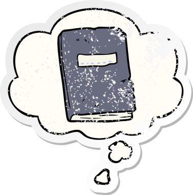 Düşünce baloncuklu eski bir defter, bir insan tarafından çizilmiş yıpranmış bir çıkartma.