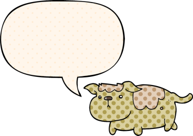 Bir insan tarafından çizilmiş çizgi roman tarzında konuşma balonu olan çizgi film köpeği.