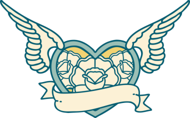 Bir insan tarafından çizilmiş çiçek ve bayrak ile uçan bir kalbin ikonik dövme görüntüsü