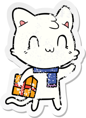 Bir insan tarafından çizilmiş eşarp giyen mutlu bir kedinin sıkıntılı çıkartması.