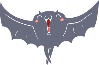 Düz renkli çizgi film. Bir insan tarafından çizilmiş mutlu vampir yarasa.