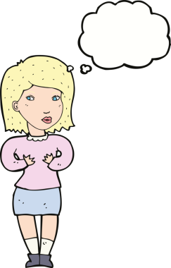 Bir insan tarafından çizilmiş düşünce baloncuğuyla bahaneler üreten çizgi film kadını.