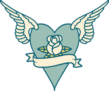 Bir insan tarafından çizilmiş çiçek ve bayrak ile uçan bir kalbin ikonik dövme görüntüsü