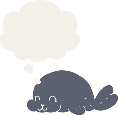 Düşünce baloncuğu olan sevimli karikatür fokları insan tarafından çizilmiş.