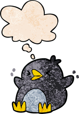 Bir insan tarafından çizilmiş grunge desenli düşünce baloncuklu penguen çizgi filmi.