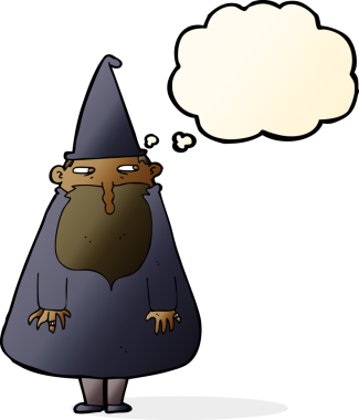 Bir insan tarafından çizilmiş düşünce baloncuğu olan çizgi film sihirbazı