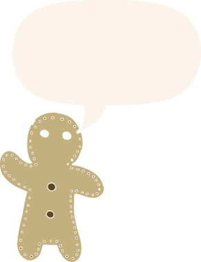 Bir insan tarafından çizilmiş eski moda konuşma balonlu zencefilli kurabiye adam.