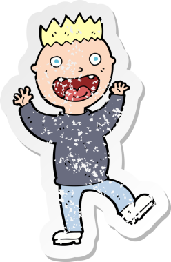 Bir insan tarafından çizilmiş çılgın, mutlu bir adamın karikatür yapıştırması.