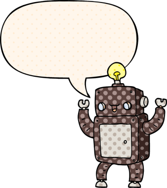Çizgi roman tarzında konuşan mutlu robot bir insan tarafından çizilmiş.