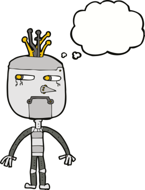 Bir insan tarafından çizilmiş düşünce baloncuklu komik robot.