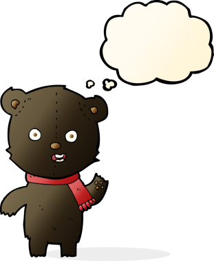 Bir insan tarafından çizilmiş düşünce baloncuklu siyah ayı yavrusunu sallayan çizgi film.